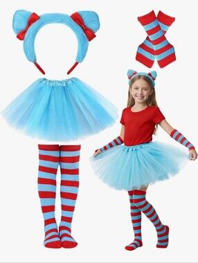 Blue & Red Striped Kids Costume Set with Tulle Skirt and Headband SMALL